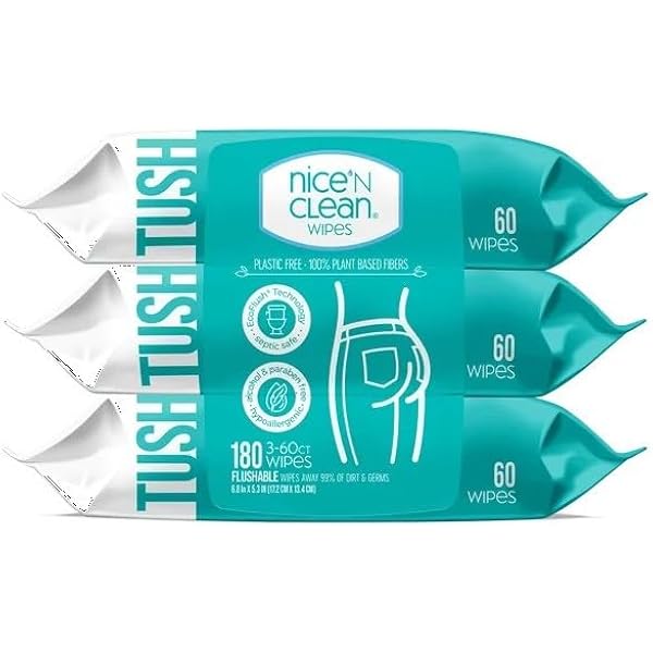 Nice 'N Clean Adult Flushable Wipes (3 x 60 Count) | Personal Cleansing Wipes Made from Plant-Based Fibers | Infused with Aloe & Vitamin E