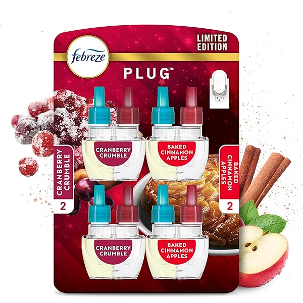 Febreze Odor-Fighting Fade Defy PLUG Air Freshener Baked Cinnamon Apple, Cranberry Crumble, .87 fl. oz. Oil Refill, 2 of Each