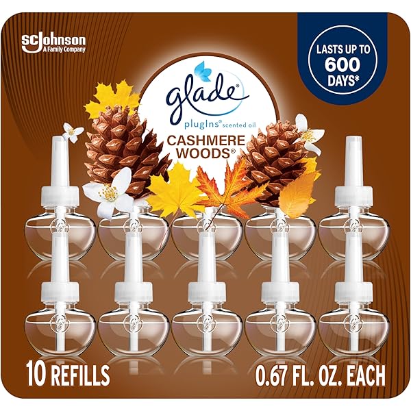 Glade PlugIns Refills Air Freshener, Scented and Essential Oils for Home and Bathroom, Cashmere Woods, 6.7 Fl Oz, 10 Count (Packaging May Vary)