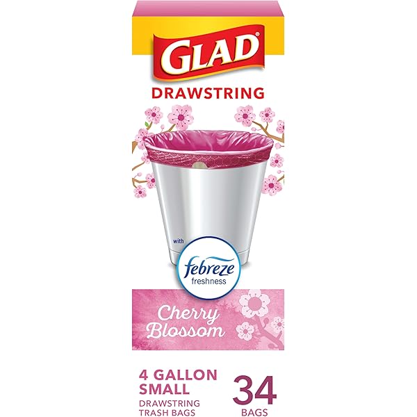 Glad Small Trash Bags 4 Gallon, Febreze Cherry Blossom Garbage Bags, Odor Resistant with Drawstring, 34 Count