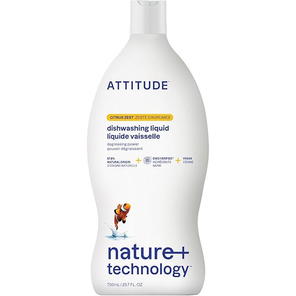 ATTITUDE Dish Soap, EWG Verified, Plant-Based & Vegan Dishwashing Liquid, Naturally Derived, Citrus Zest, 23.7 Fl Oz