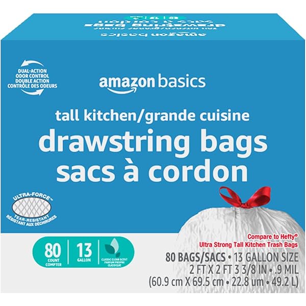 Amazon Basics Ultra-Force Tall Kitchen Drawstring Trash Bags, Classic Clean Scented, 13 Gallon, 80 Count, Pack of 1
