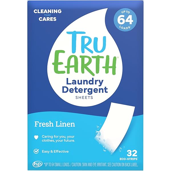 Tru Earth Compact Dry Laundry Detergent Sheets - Up to 64 Loads (32 Sheets) - Paraben-Free - Original Eco-Strip Liquidless Detergen - Fresh Linen | Packaging May Vary