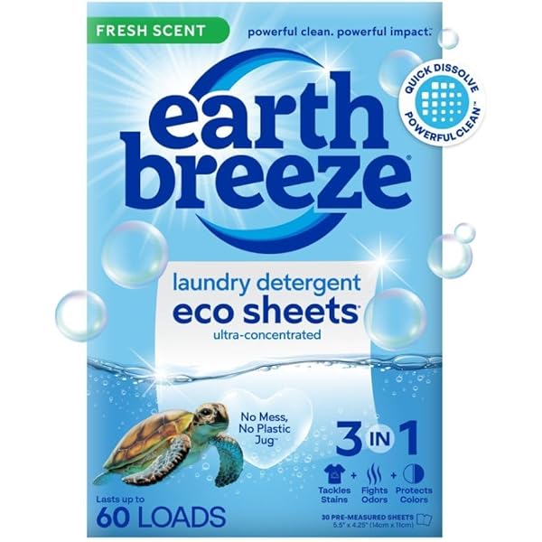 Earth Breeze Laundry Detergent Sheets Fresh Scent - 60 Loads Eco Liquidless Soap - Travel-Friendly for Hot & Cold Cycles, Tackles Tough Stains & Odors - Gentle on Skin, 30 Ct