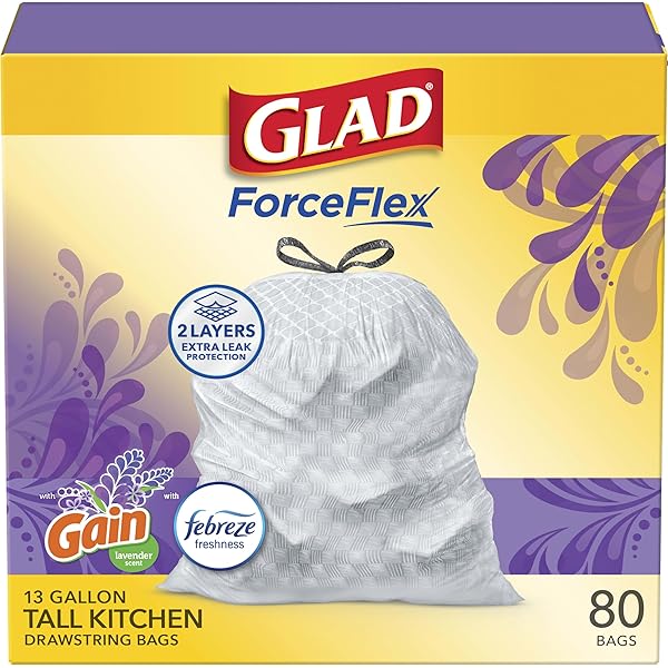 Glad ForceFlex Tall Kitchen Trash Bags, 13 Gallon, Gain Lavender, 80 Count (Package May Vary)
