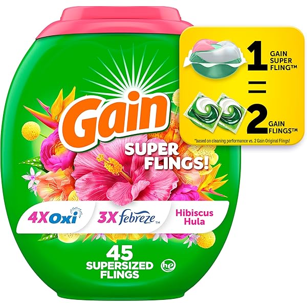 Gain Super Sized Flings Laundry Detergent Pacs with Hibiscus Hula Scent, Powerful Cleaning for Lasting Freshness, HE Compatible, 45 Count, Gain Laundry Detergent Pods