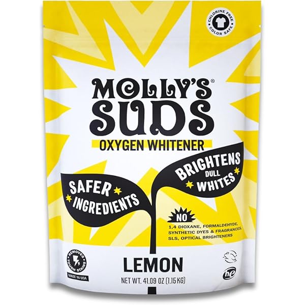 Molly's Suds Oxygen Whitener | Powerful Bleach Alternative, Chlorine Free & Color Safe | Brightens Whites and Removes Stains (Lemon Essential Oil - 41.09 oz)