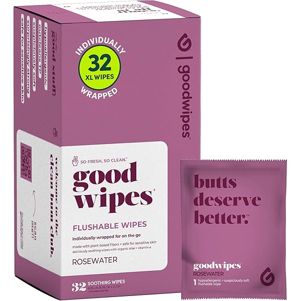 Goodwipes Flushable Wipes – Made with Vitamin E & Aloe – Soft, Individually Wrapped Butt & Feminine Cloths for On-the-Go & Travel Use – Largest Adult Toilet Towelettes – Rosewater, 1 pack, 32 count
