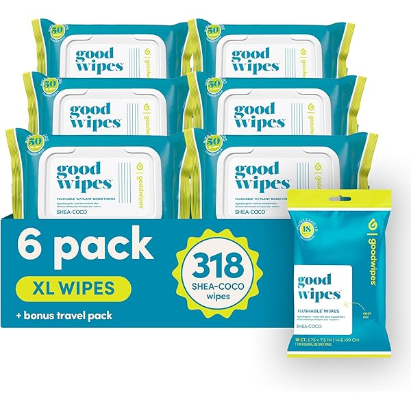 goodwipes Flushable Butt Wipes - Vitamin E & Aloe - Sewer & Septic Safe - Extra Large Adult Wet Wipes For Women & Men - Bathroom Essentials - Shea-Coco, 318 Count (6 Packs + 1 Travel)