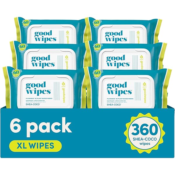 goodwipes Flushable Butt Wipes Made with Vitamin E & Aloe - Soft & Gentle Wet Wipe Dispenser for Home Use, Septic & Sewer Safe - Largest Adult Toilet Towelettes - Shea-Coco, 360 Count (6 Packs)