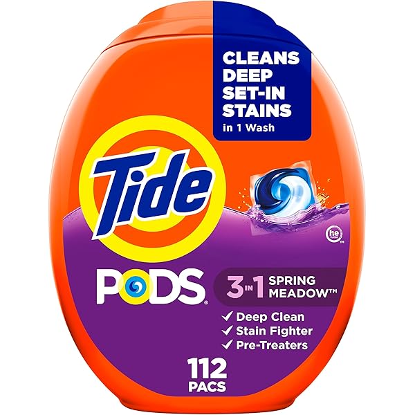 Tide PODS Laundry Detergent Pacs, 3-in-1 Stain Remover, Odor Fighter, Color Protector, 112 Count, HE compatible, Spring Meadow Scent