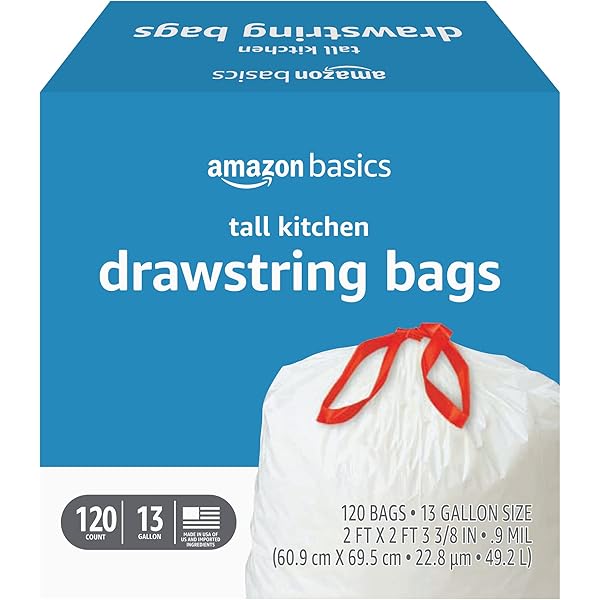 Amazon Basics Trash Bags, Tall Kitchen Drawstring, Unscented, 13 Gallon, 120 Count, Pack of 1