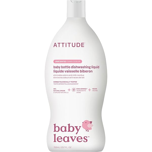 ATTITUDE Baby Dish Soap and Bottle Cleaner, EWG Verified Dishwashing Liquid, No Added Dyes or Fragrances, Tough on Milk Residue and Grease, Vegan, Unscented, 23.7 Fl Oz
