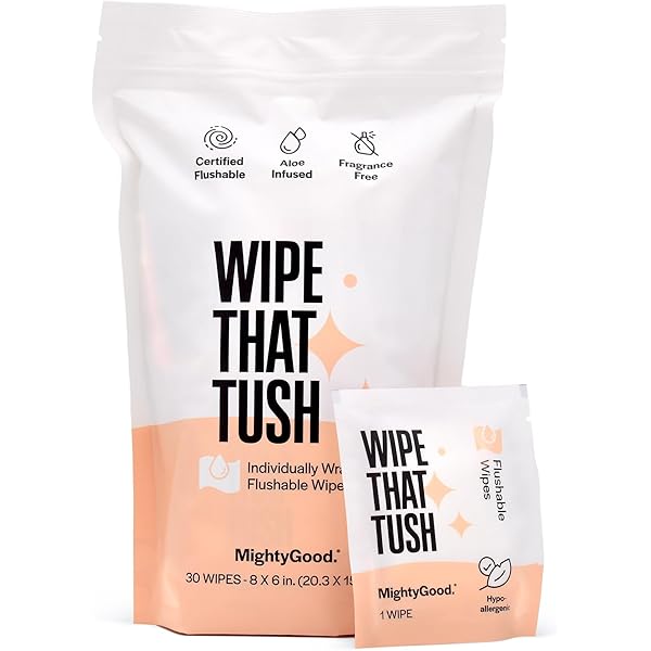 MightyGood. Wipe That Tush On-The-Go Flushable Wipes - 1 pack, 30 individually Wrapped Wipes, Fragrance Free - Extra Large & Soft - Hypoallergenic & Fragrance Free With Aloe & Vitamin E - Plant-Based