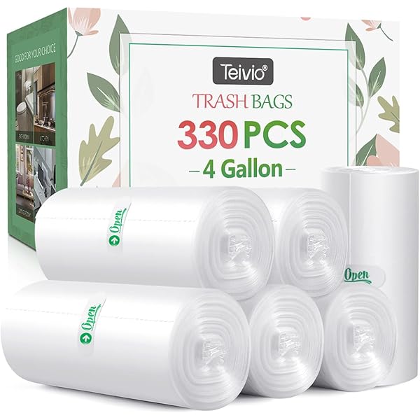 4 Gallon 330 Counts Strong Trash Bags Garbage Bags by Teivio, Bathroom Trash Can Bin Liners, Small Plastic Bags for home office kitchen (Clear)