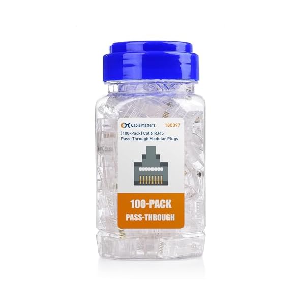 Cable Matters 100-Pack Cat 6 Pass Through RJ45 Connectors, 50µ Gold Plated (Cat 6 Ends / Cat6 Connector /RJ45 Modular Plugs/Ethernet Plugs/Network Connector) for Solid or Stranded UTP Ethernet Cable