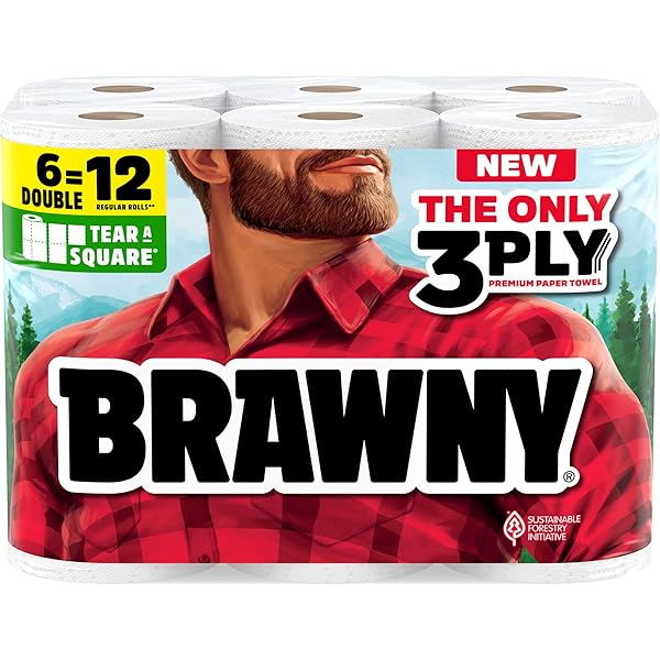 Brawny Tear-A-Square 3-Ply Paper Towels, 6 Double Rolls = 12 Regular Rolls, Strong, Absorbent, and Durable with 3 Sheet Sizes (Quarter, Half, Full)