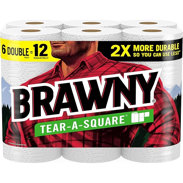 Brawny Tear-A-Square Paper Towels, 6 Double Rolls = 12 Regular Rolls, 3 Sheet Sizes (Quarter, Half, Full), Strength for All Messes, Cleanups, and Meal Prep
