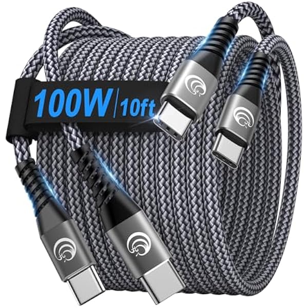 USBC to USBC 100W [10ft/2 Pack] USB C to USB C Fast Charging Cable Braided C to C Charger Cord for MacBook Pro/Air, iPhone 16 15 Pro Max Plus,iPad Pro,Samsung Galaxy S25 Ultra S24 S23,Pixel,PS5,Switch