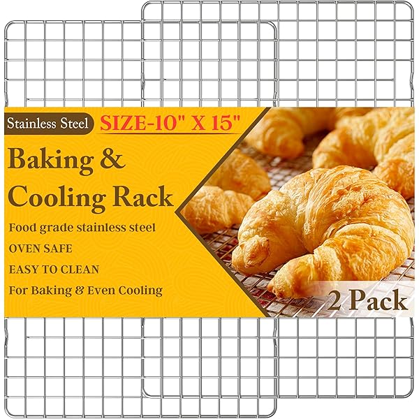 2PCS Cooling Racks for Cooking and Baking - 10" x 15"Heavy Duty Stainless Steel Wire Rack for Baking, Grilling, Roasting - Oven & Dishwasher Safe - Fits Jelly Roll Sheet Pan-Silver