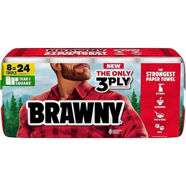 Brawny Tear-A-Square 3-Ply Paper Towels, 8 Triple Rolls = 24 Regular Rolls, Strong, Absorbent, and Durable with 3 Sheet Sizes (Quarter, Half, Full)