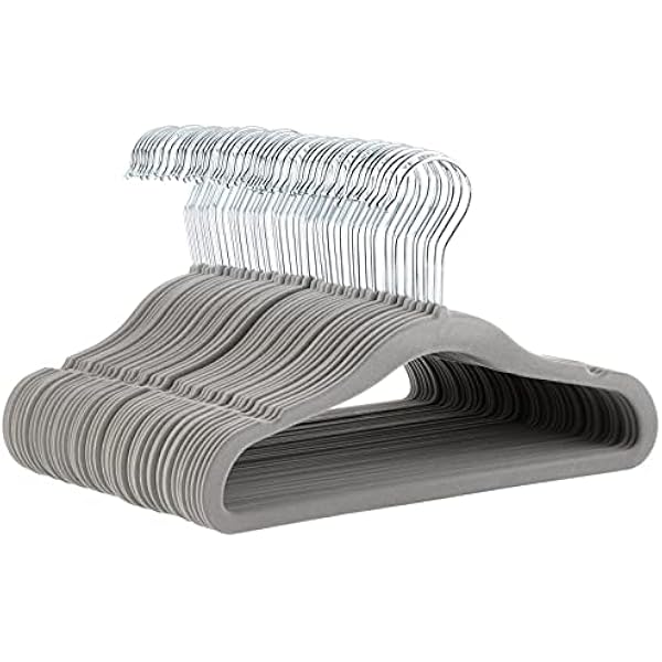 Amazon Basics Kids Velvet, Non-Slip Clothes Hangers for Infant and Toddler, 11.6 inches (for baby clothes), Pack of 50, Gray