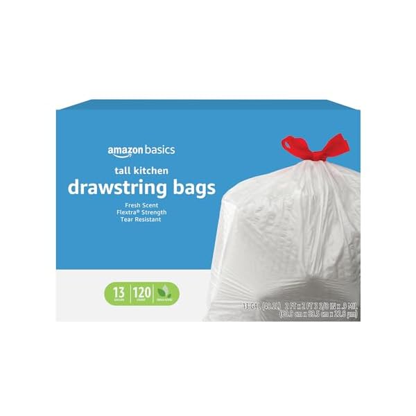 Amazon Basics Flextra Tall Kitchen Drawstring Trash Bags, Fresh Scent, 13 Gallon, 120 Count