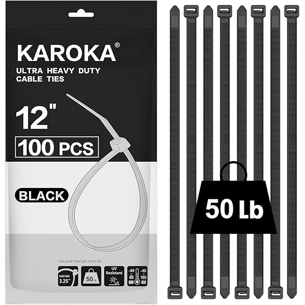 Zip Ties 12 inch (100 Pack), Black, 50 lb, UV Resistant Cable Ties for indoor and outdoor use, by Karoka