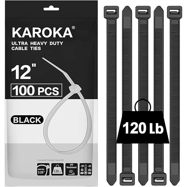 Zip Ties 12 inch Heavy Duty Zip Ties with 120 Pounds Tensile Strength, Black Cable Ties, 100 Pieces,by Karoka