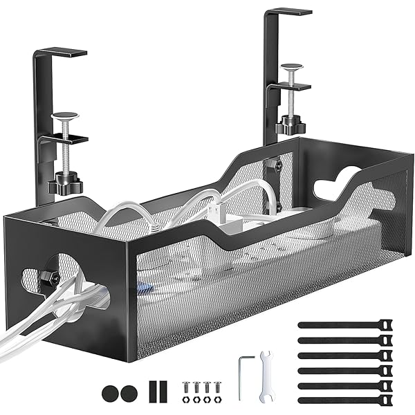 Under Desk Cable Management Tray No Drill, Metal Mesh Cable Management Under Desk with Clamp Mount, 2 Hole Cable Tray with Wire Management and Cord Organizer for Home Office Standing Desk