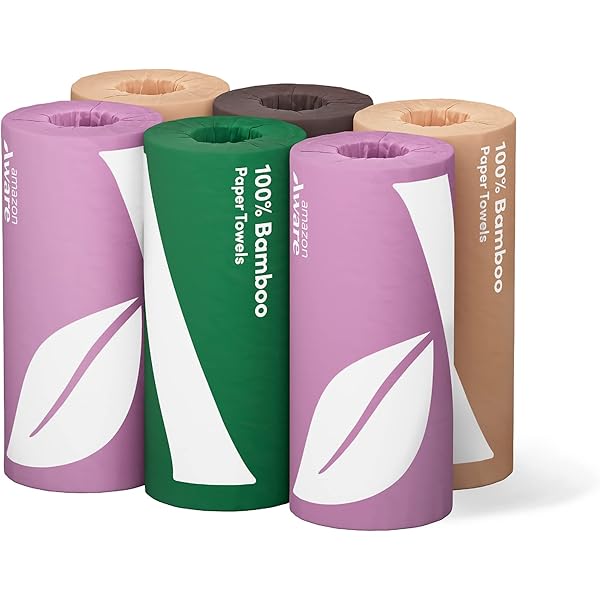 Amazon Aware 100% Bamboo Paper Towels, 6 Rolls, 2 ply, FSC Certified, 150 Sheets, 900 Count, Plastic-Free, Multicolor