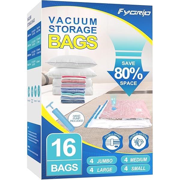 16 Pack Vacuum Storage Bags with Hand Pump, 4 Jumbo + 4 Large + 4 Medium + 4 Small Plastic Packaging Bags, 80% Space Saver Vacuum Seal Bags for Clothing, Travel Lugggage, Blankets, Comforters