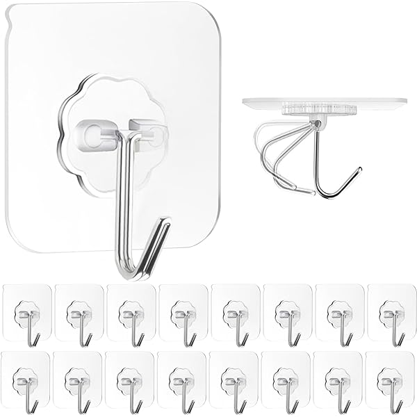 ZESLMG Adhesive Wall Hooks for Hanging, 16 Pack Self Sticky Hooks Heavy Duty 22lb Clear, Removable Shower Hook No Damage for Towel Key Coat Wreath Picture Outdoor Ceiling Bathroom Kitchen, Waterproof