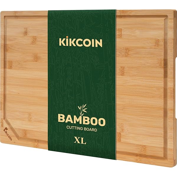 Bamboo Cutting Boards for Kitchen, Extra Large Wood Cutting Board with Deep Juice Groove and Handle Heavy Duty Chopping board, Kikcoin, 17.6" x 12"