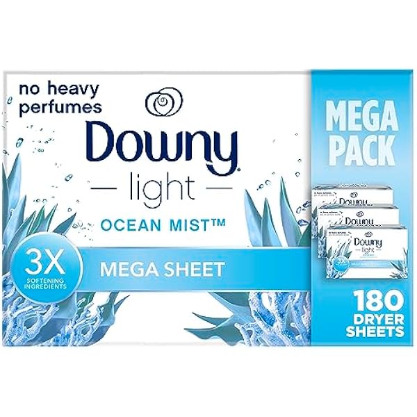 Downy Light Mega Dryer Sheets, Fabric Softener Dryer Sheets, Ocean Mist, 180 Count