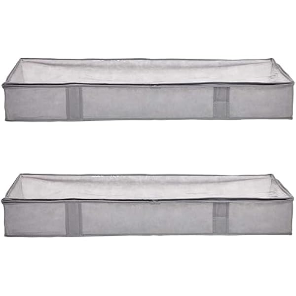 Amazon Basics Under Bed Fabric Zipper Blanket Storage Container Bags with Window and Handles, 2-Pack, 18 x 42 x 6 inches, Gray