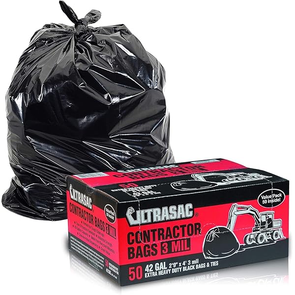 Ultrasac Heavy Duty Contractor Bags (VALUE 50 PACK/w TIES), 42 Gallon, 32.75" X 47" - 3 MIL Thick Large Black Industrial Garbage Trashbags for Construction and Commercial use