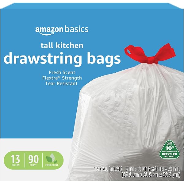 Amazon Basics 13 Gallon Flextra Strength Tall Kitchen Drawstring Trash Bags, Tear Resistant, 10% Post Consumer Recycled, 90 Count