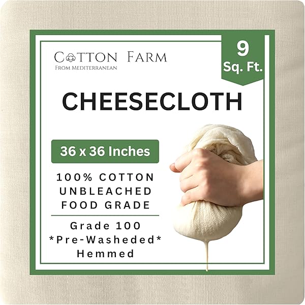 Cotton Farm Grade 100 XL Cheese Cloth - Straining & More; 36x36 Inch; 100% Unbleached Cotton Cheesecloth; Reusable with Hemmed 2 Edges; Ultra-Dense (the finest) Butter Muslin