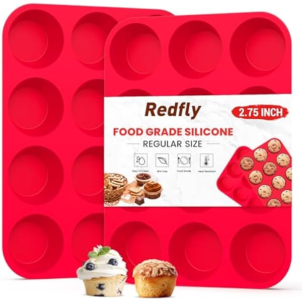 Redfly 2 Pack Silicone Muffin Pan & Cupcake Pans for Baking - 12 Cup Regular Size BPA Free Egg Bites Molds