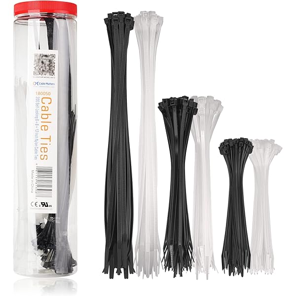 Cable Matters 200-Pack Cable Ties for Indoor and Outdoor, 6, 8, 12-Inch Self-Locking Nylon Zip Ties Assorted Sizes, Tie Wraps for Multiple Use, Self Locking Zipties, in Black and White