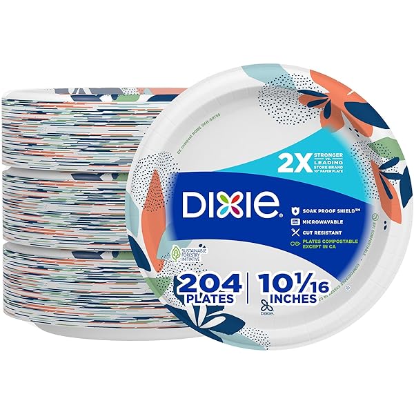 Dixie Large Paper Plates, 10 Inch, 204 Count, 2X Stronger*, Microwave-Safe, Soak-Proof, Cut Resistant, Disposable Plates For Everyday Breakfast, Lunch, & Dinner Meals