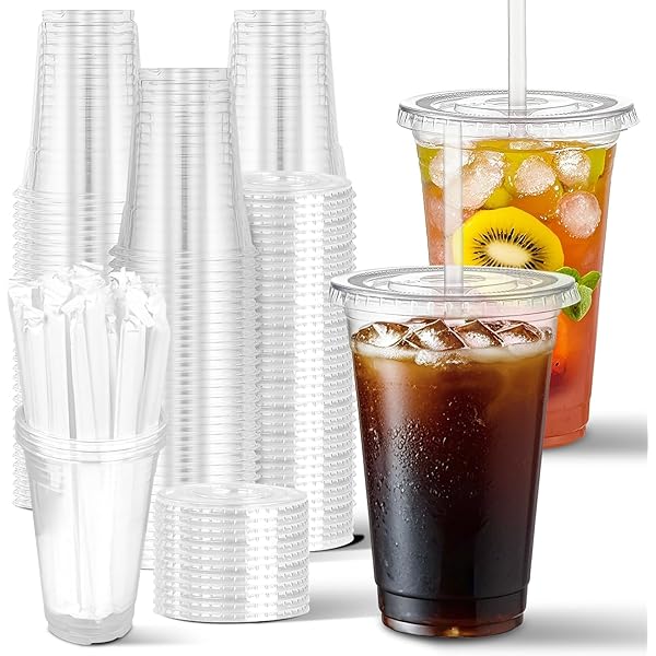 Charmount 100 Sets- 20 oz Clear Plastic Cups with Lids and Straws, Disposable To Go Cups for Cold Drinks, Coffee Bar Accessories, Iced Coffee, Smoothies