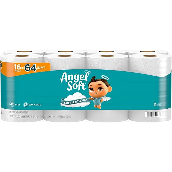 Angel Soft Toilet Paper, 16 Mega Rolls = 64 Regular Rolls, Soft and Strong Toilet Tissue