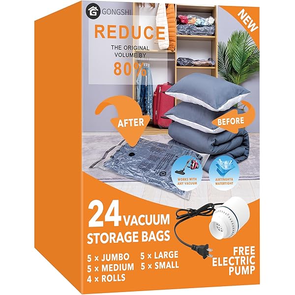 24 Pack Vacuum Storage Bags with Electric Pump, (5 Jumbo, 5 Large, 5 Medium, 5 Small, 4 Roll Up Bags) Space Saver Bag for Clothes, Mattress, Blanket, Duvets, Pillows, Comforters,Travel