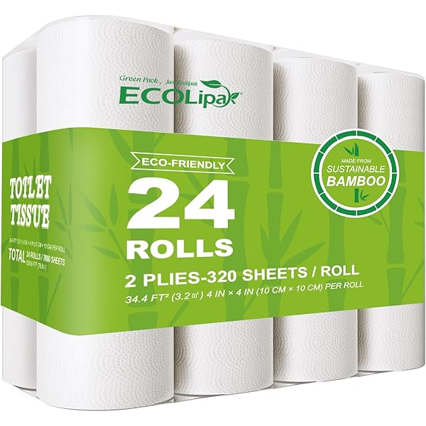 ECOLipak Bamboo Toilet Paper, Septic Safe Toilet Tissue, 24 Double Rolls, 320 Sheets Per Roll, Tree Free, Non Toxic, 2 Ply, Soft and Absorbent, Eco Friendly Dye-Free Paper