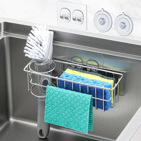 3-In-1 Sponge Holder for Kitchen Sink with Suction Cups & Adhesive Hook , In-sink Sponge Holder, Wall Hanging Sink Caddy Organizer Rack - Sponge, Dish Cloth, Brush, Scrubber - 304 Stainless Steel