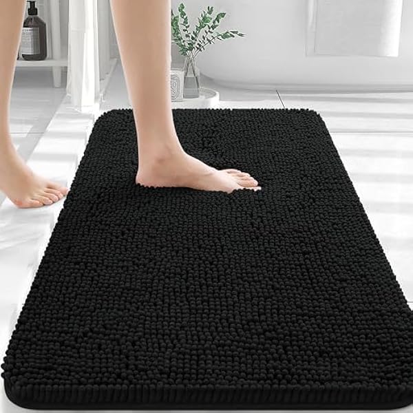 OLANLY Black Bathroom Rug 30x20, Extra Soft Absorbent Chenille Bath Rugs, Rubber Backing Quick Dry, Machine Washable Bath Mats for Bathroom Floor, Tub and Shower, Home Decor Accessories