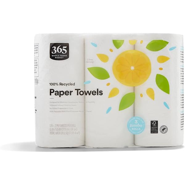 365 by Whole Foods Market, 100% Recycled Jumbo Paper Towels, Ultra-Strong, 135 Sheets per Roll, 3 Count