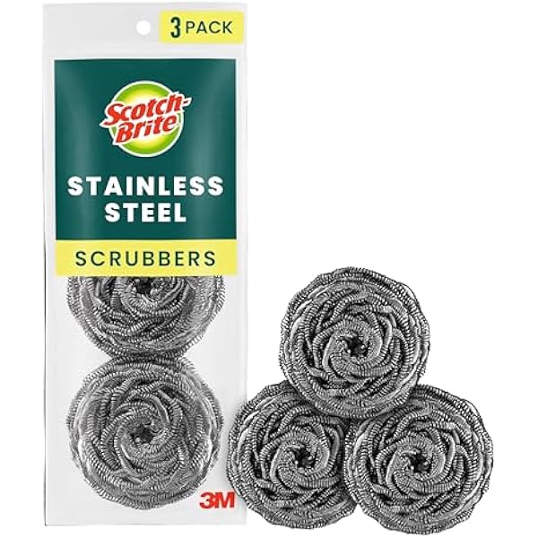 Scotch-Brite Stainless Steel Scrubbers, Scouring Pads for Cleaning Tough Baked-On Messes, Metal Scrubbers for Cleaning Dishes, 3 Scrub Pads